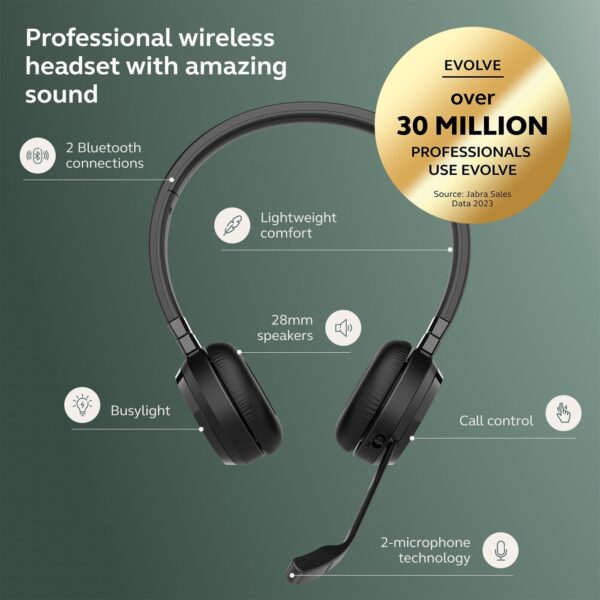 Jabra Evolve 65 TE (Third Edition) Wireless Dual-Ear Headphones - Noise-Canceling Mic, 16 hrs Battery Life, Dual Connectivity, MS Teams Certified, Supports Other Platforms, Black Dual-Ear Teams Certified Charging Cord - Image 2