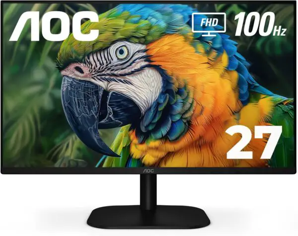 AOC 27B2H2 27” Frameless IPS Monitor, FHD 1920x1080, 100Hz, 101% sRGB, for Home and Office, HDMI x2, Low Blue Mode, VESA Compatible, Black